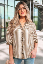 棕色条纹豹纹 V 领纽扣半袖衬衫