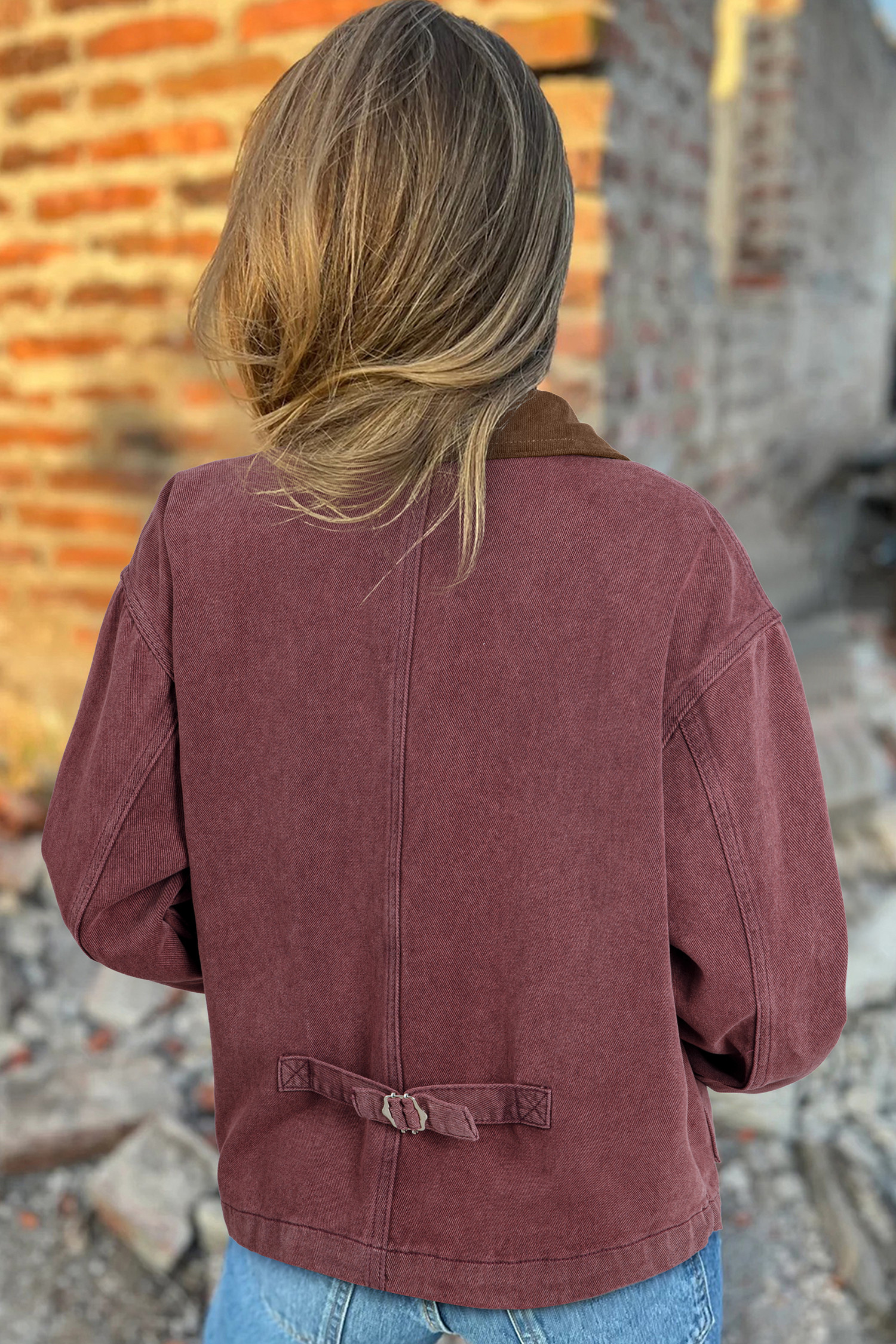 咖啡色灯芯绒领正面拉链牛仔夹克 LC788829