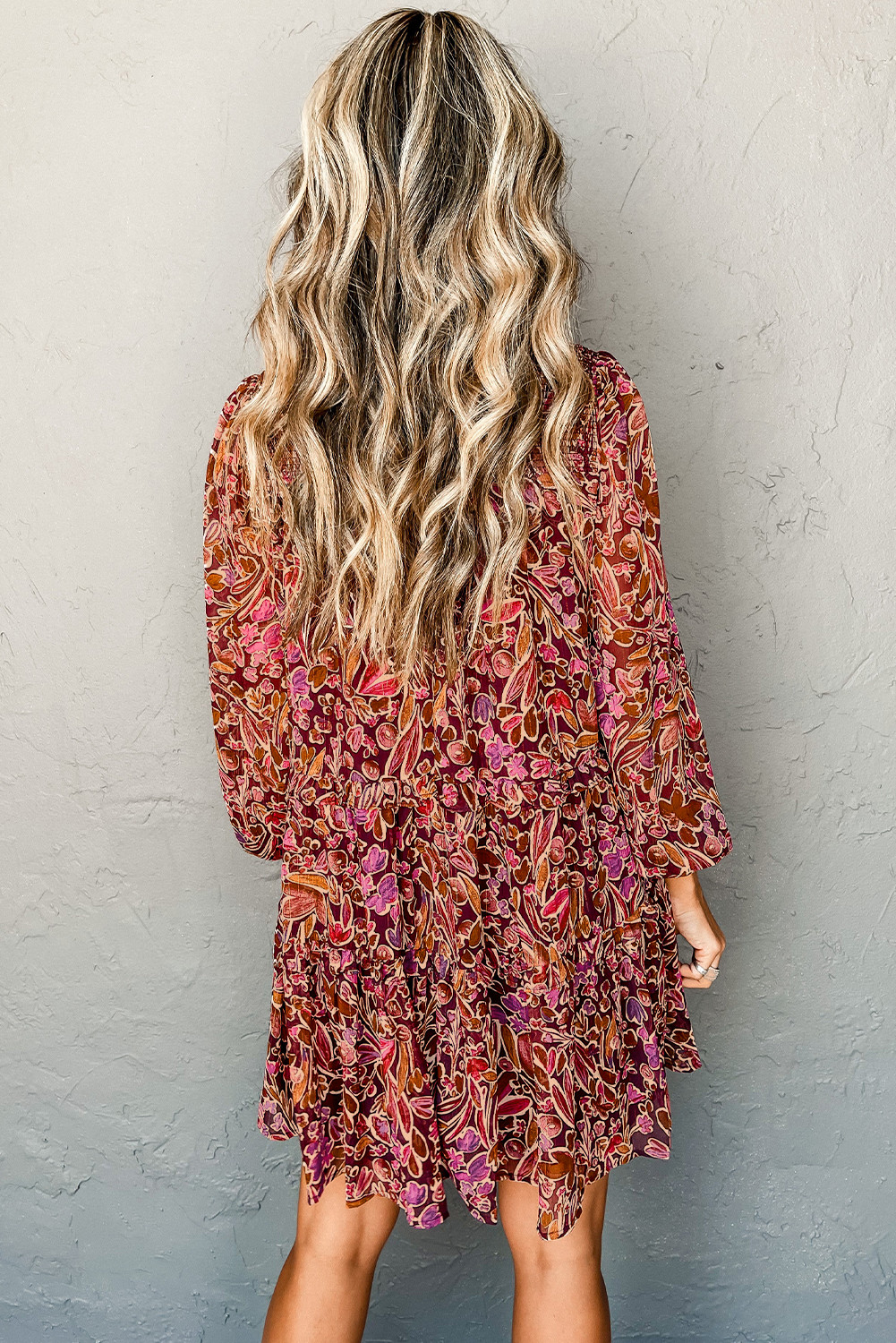 红色花卉印花长袖平行绉缝高领宽松迷你连衣裙 DLM61267187