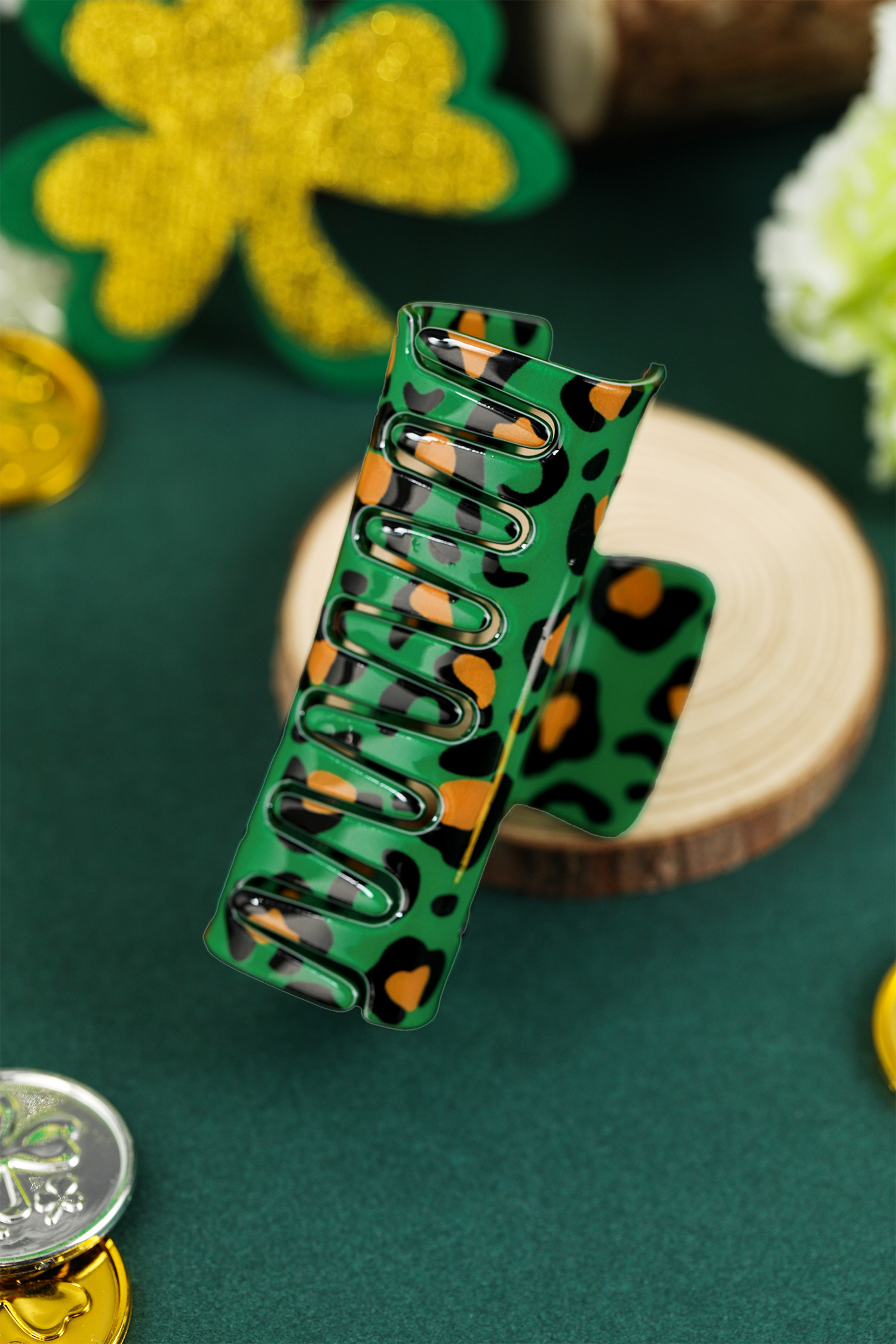 深绿色豹纹方形镂空塑料发夹 BH043638