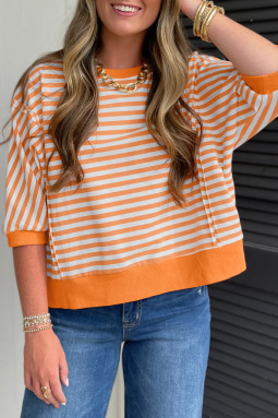 Orange Stripe 3/4 Sleeve Exposed Seam Patchwork Pullover Top