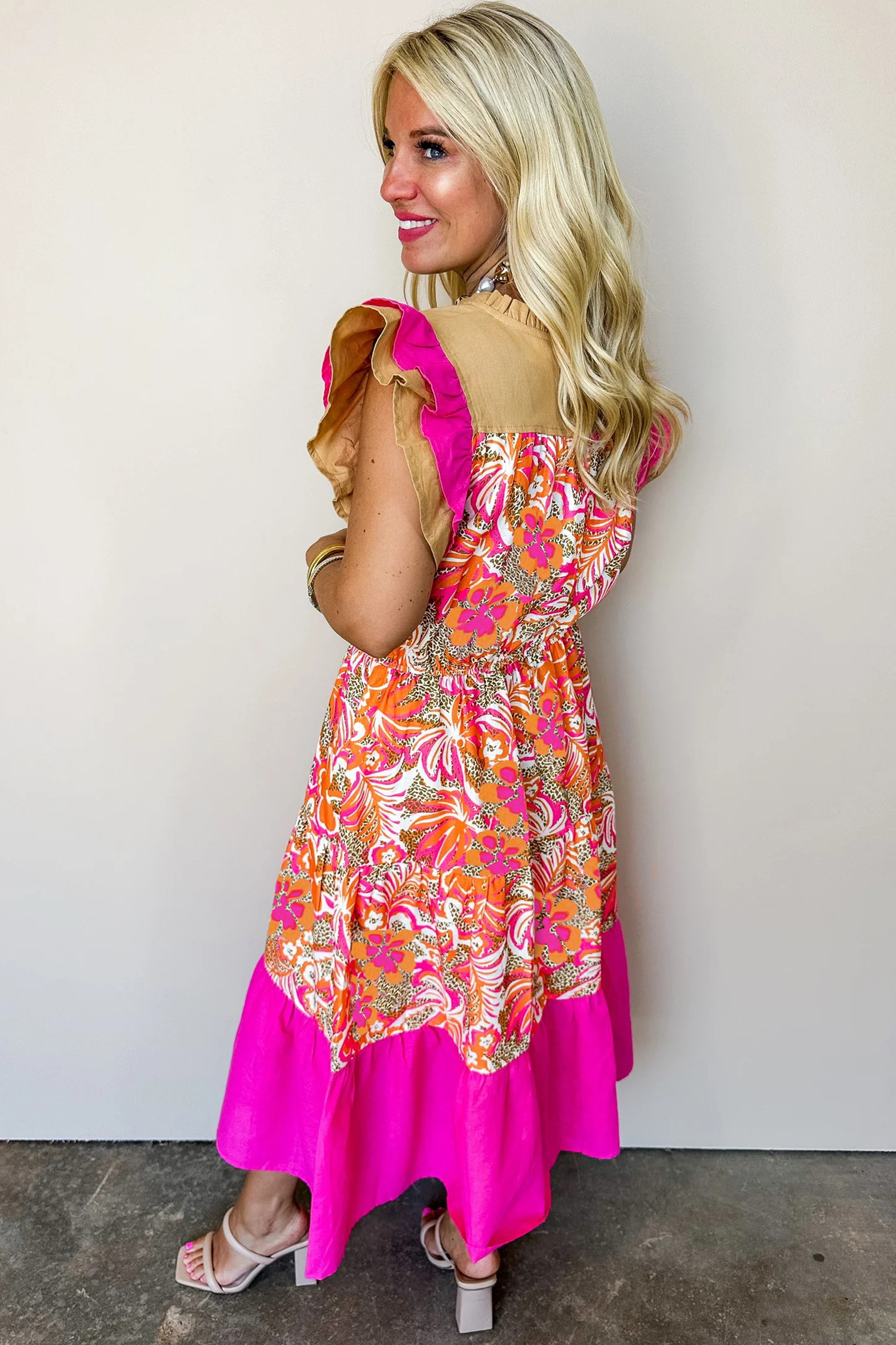 玫瑰花卉印花拼色荷叶边短袖喇叭中长连衣裙 LC6127633