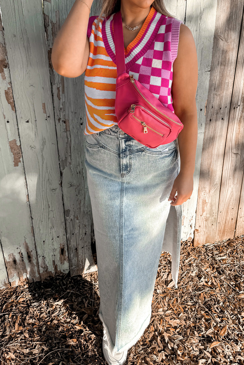 黄色条纹格纹撞色拼布 V 领毛衣背心 LC2761061