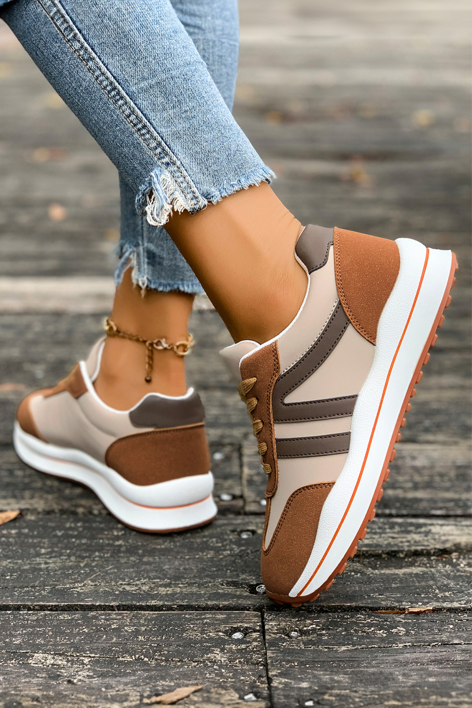 Brown Varsity Color Block Patchwork Lace-up PU Leather Sneakers BH022448