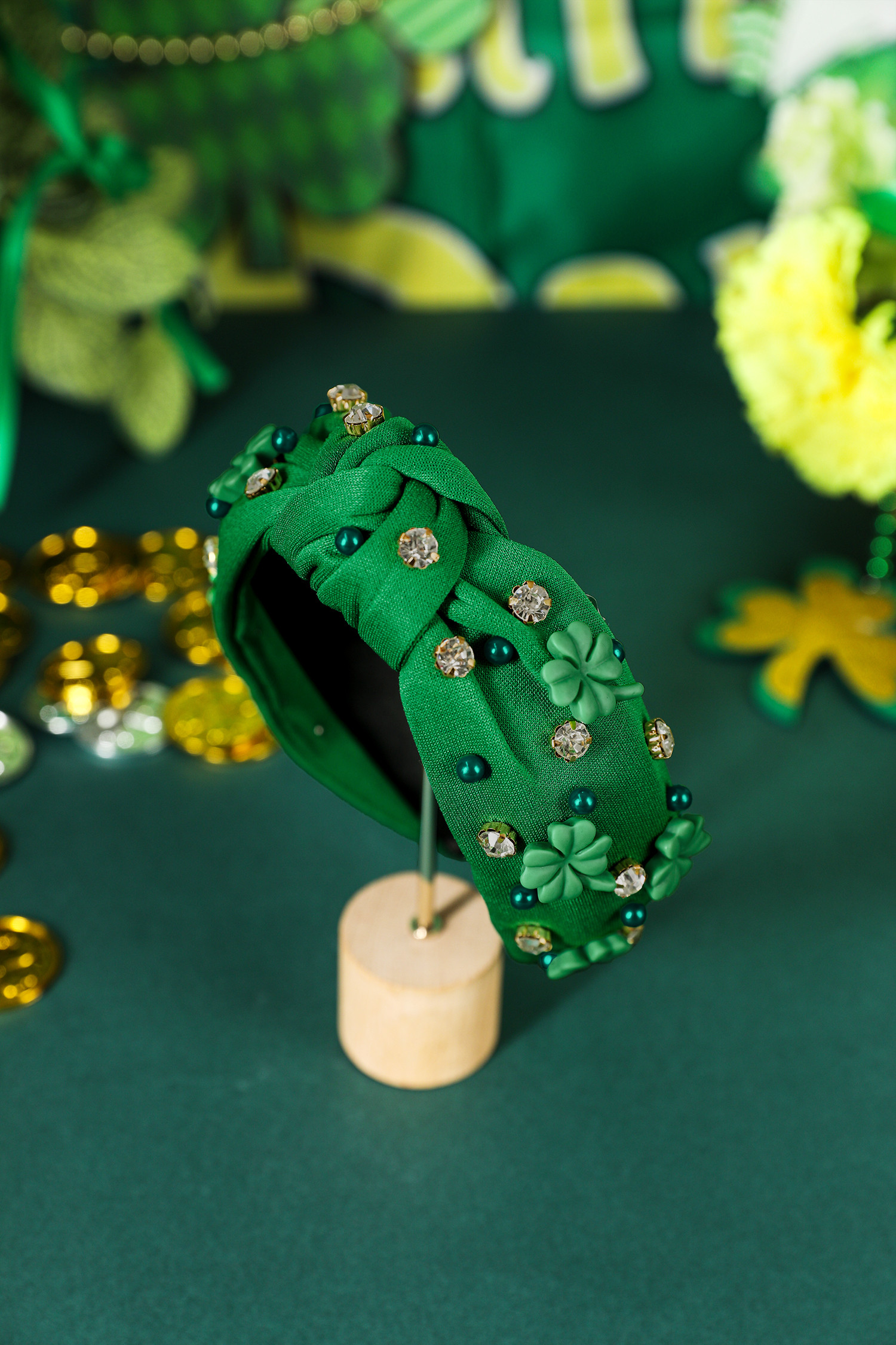 深绿色珍珠珠水钻镶嵌幸运四叶草打结发带 BH043643