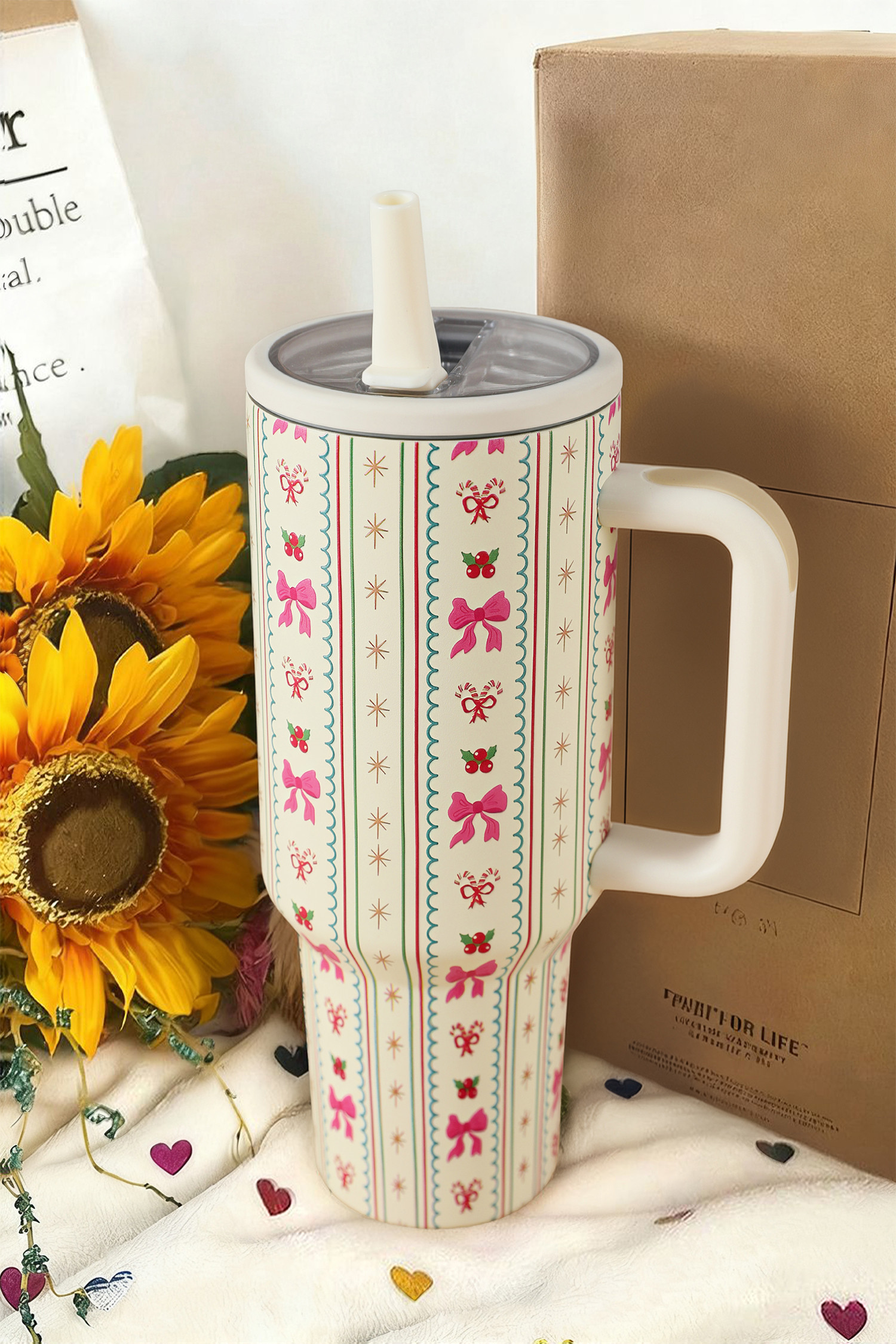 白色 Holly Jolly 蝴蝶结条纹印花翻盖吸管杯 BH051856