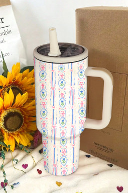 白色花卉蝴蝶结条纹印花翻转吸管杯