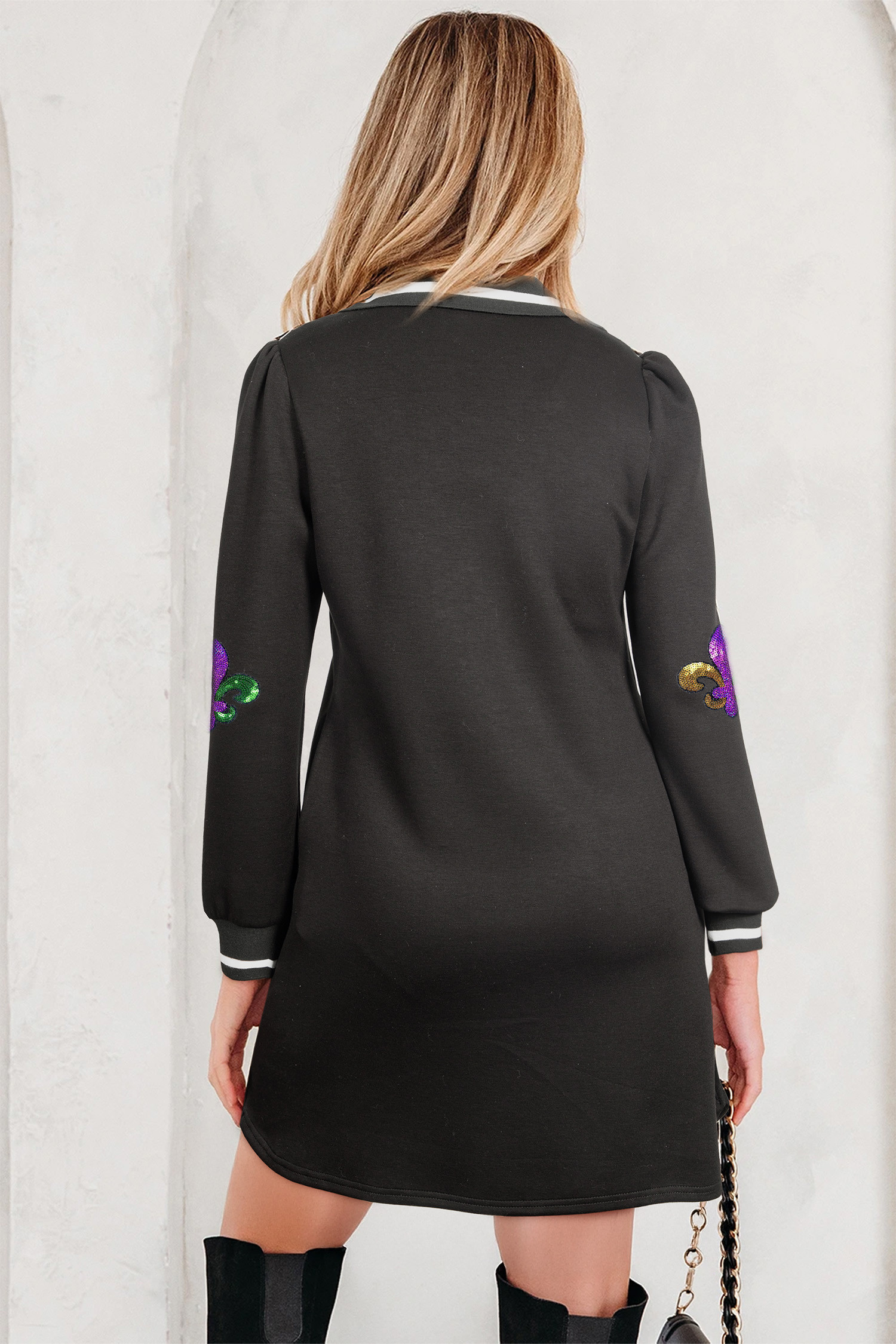 黑色亮片 Fleur De Lis Mardi 条纹饰领长袖迷你连衣裙 LC6127726