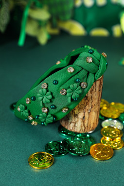 深绿色珍珠珠水钻镶嵌幸运四叶草打结发带