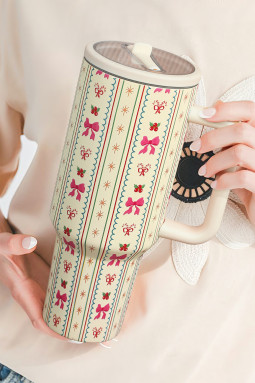 白色 Holly Jolly 蝴蝶结条纹印花翻盖吸管杯