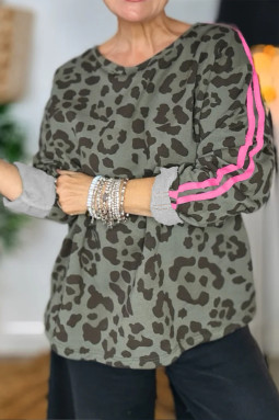 绿色豹纹校队条纹饰边长袖上衣