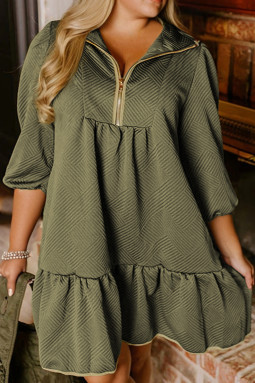 丛林绿加大码纹理撞色饰边四分之一拉链手链袖迷你连衣裙