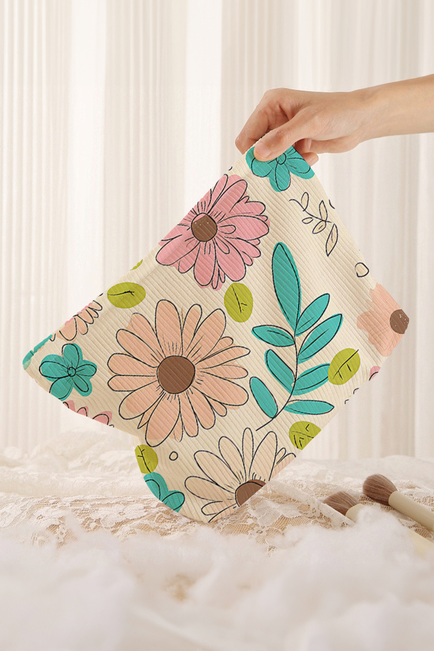 白色花卉印花灯芯绒化妆包 BH031600