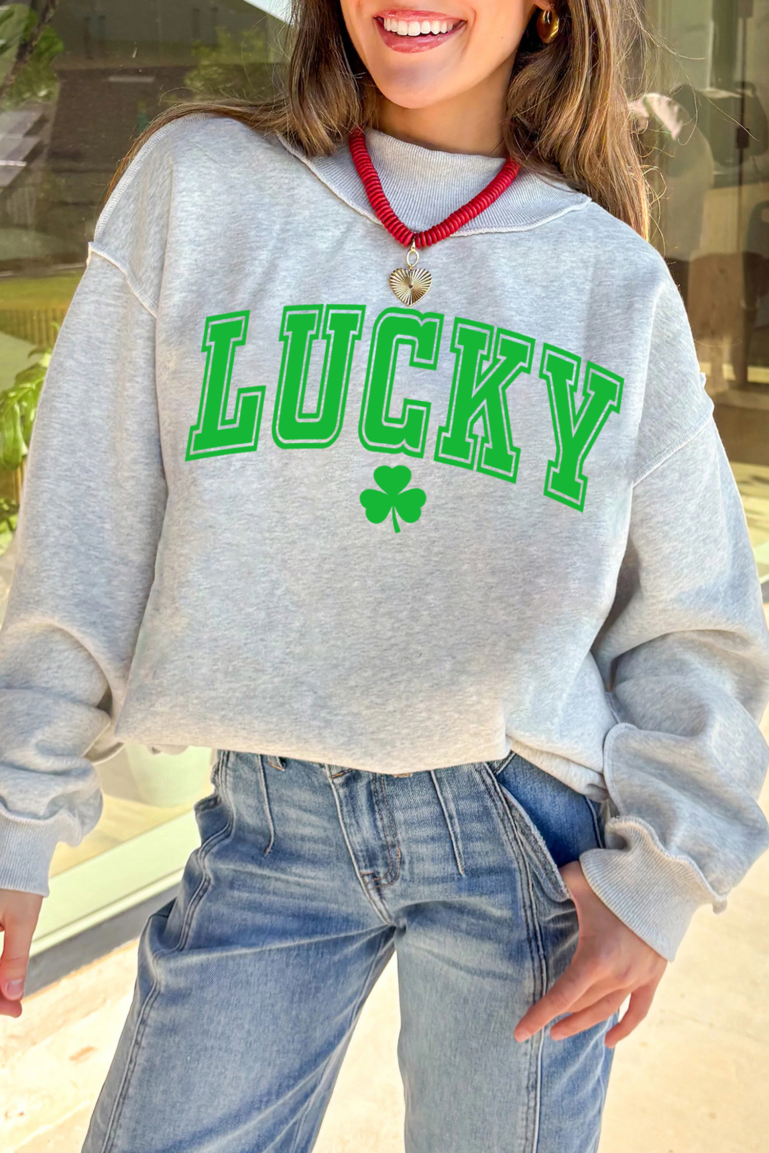 浅灰色 LUCKY Clover 双面印花小高领双面运动衫 LC25321242
