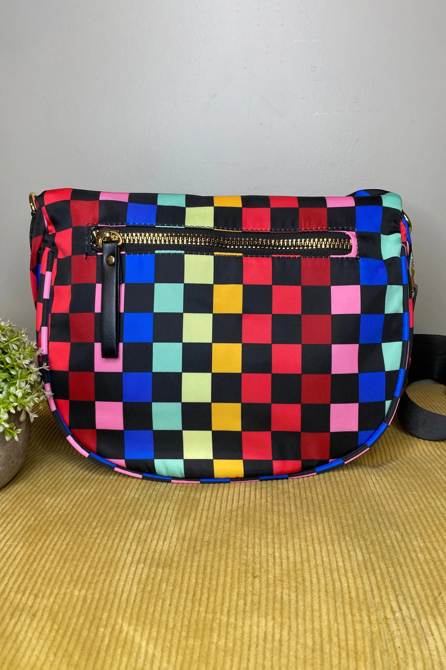 颜色黑色漂亮棋盘格帆布双拉链斜挎包 BH031491