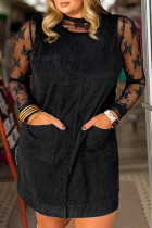 黑色大码灯芯绒贴袋无袖迷你连衣裙