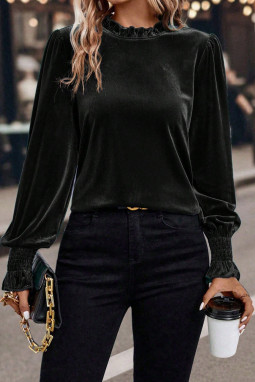 黑色褶边领缩褶袖口泡泡袖天鹅绒衬衫