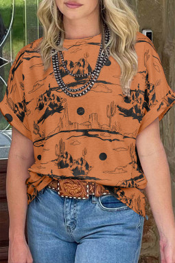 栗色沙漠沙印花短袖针织上衣