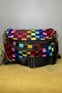 颜色黑色漂亮棋盘格帆布双拉链斜挎包