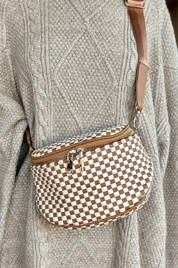 草黄色棋盘格编织拉链斜挎包