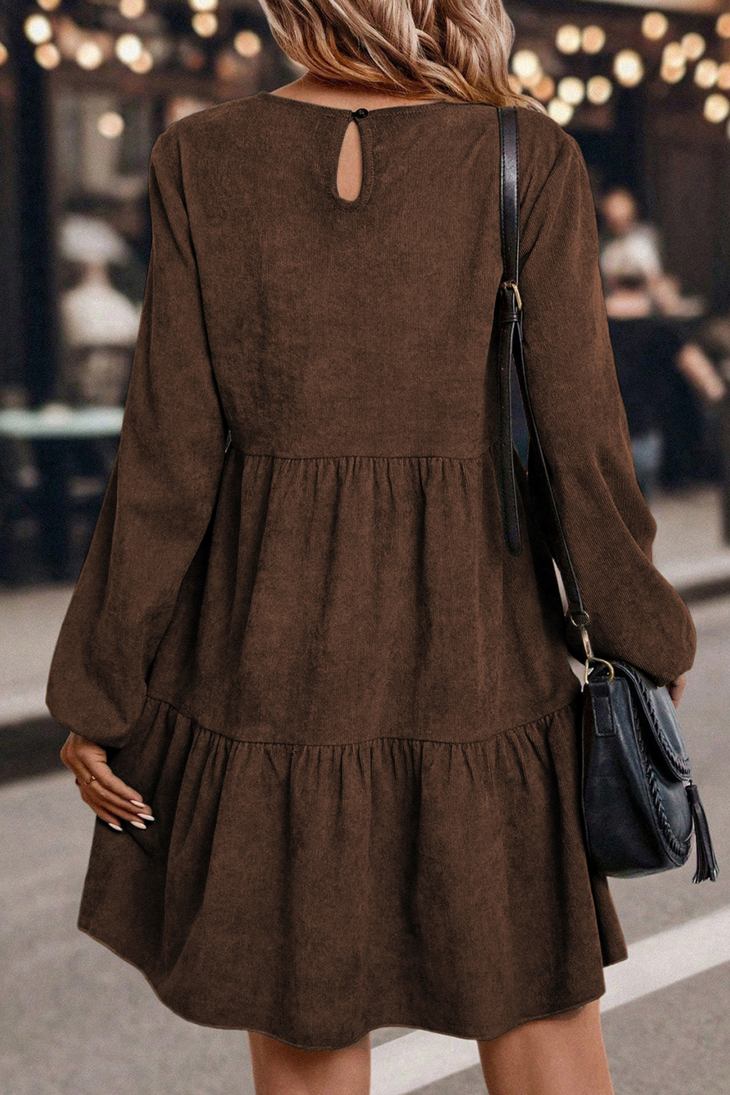 深棕色灯笼袖层接迷你连衣裙 LC6126600