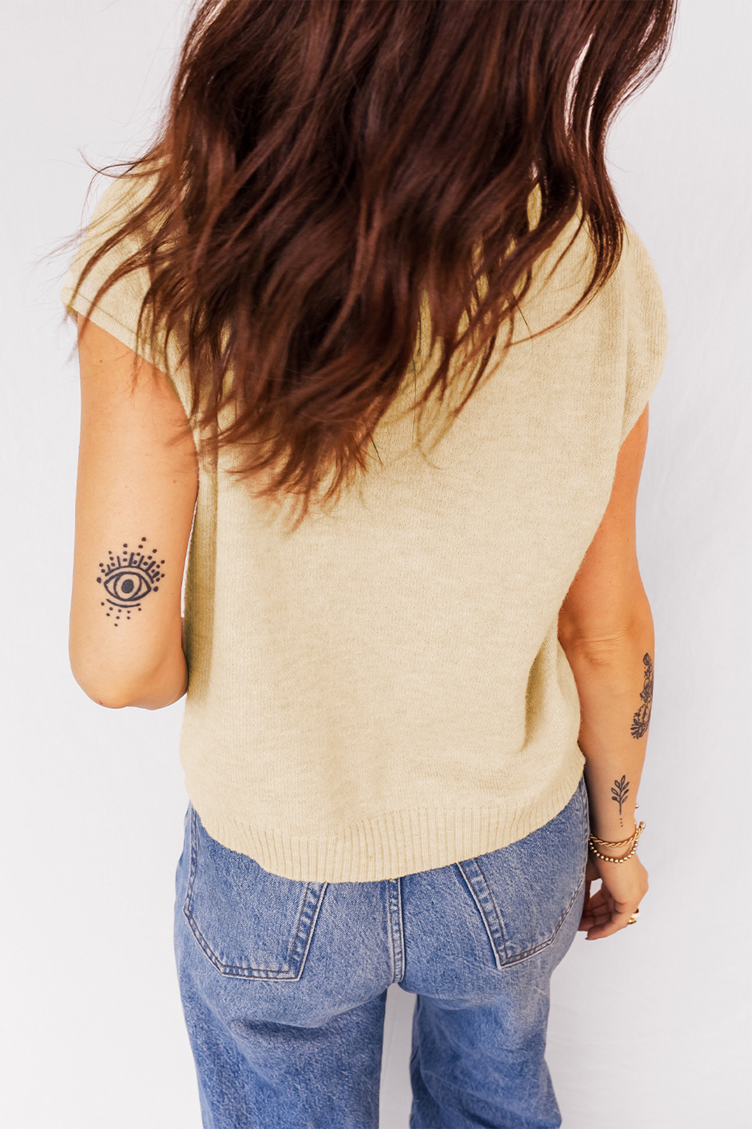 杏色纽扣前卷边盖袖毛衣上衣 LC274257