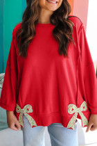 火红花卉蝴蝶结贴片外露接缝拼缝开衩宽松卫衣