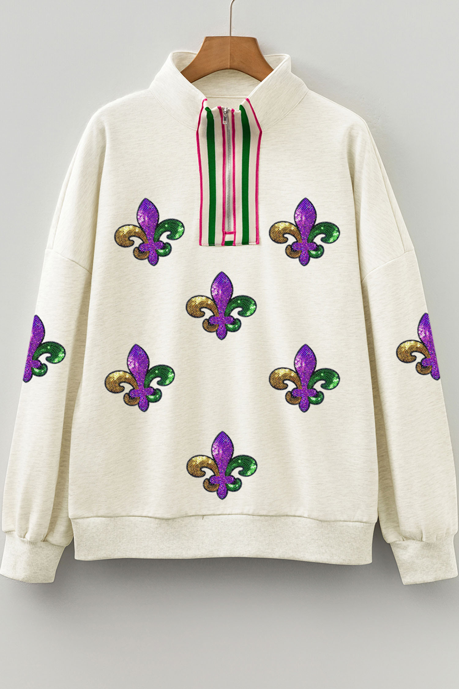 浅灰色狂欢节亮片图案撞色拉链领套头衫 LC25321010