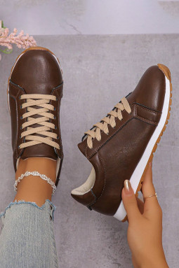 咖啡色 PU 皮革系带时尚运动鞋