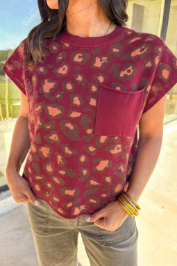 红豹纹盖袖针织上衣