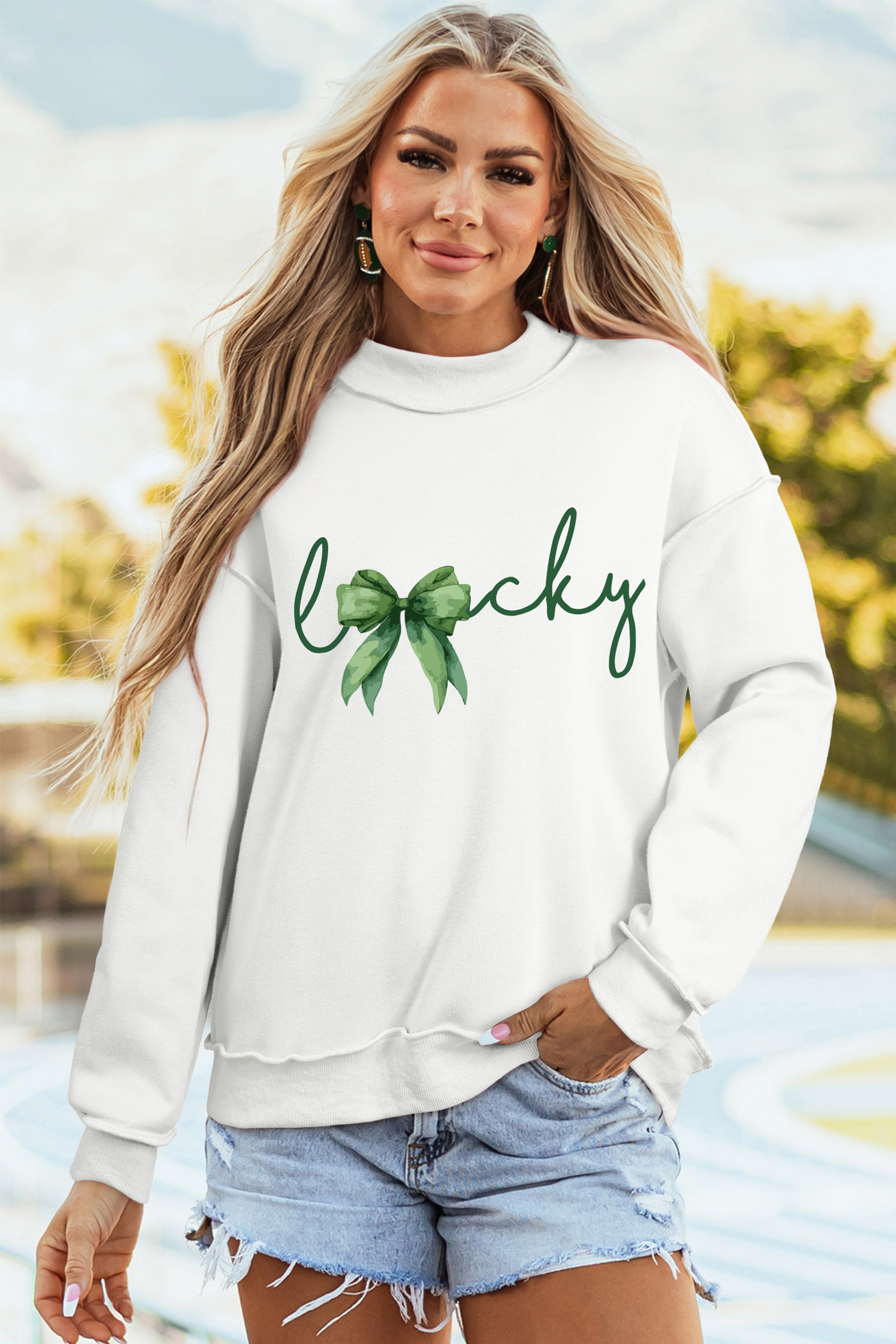 白色双面幸运印花圣帕特里克节图案套头衫 LC25321266