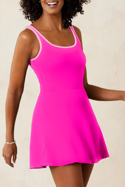 玫瑰红色撞色领口活动短裤连体泳衣