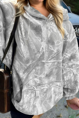 灰色大码迷彩林地印花超大运动连帽衫