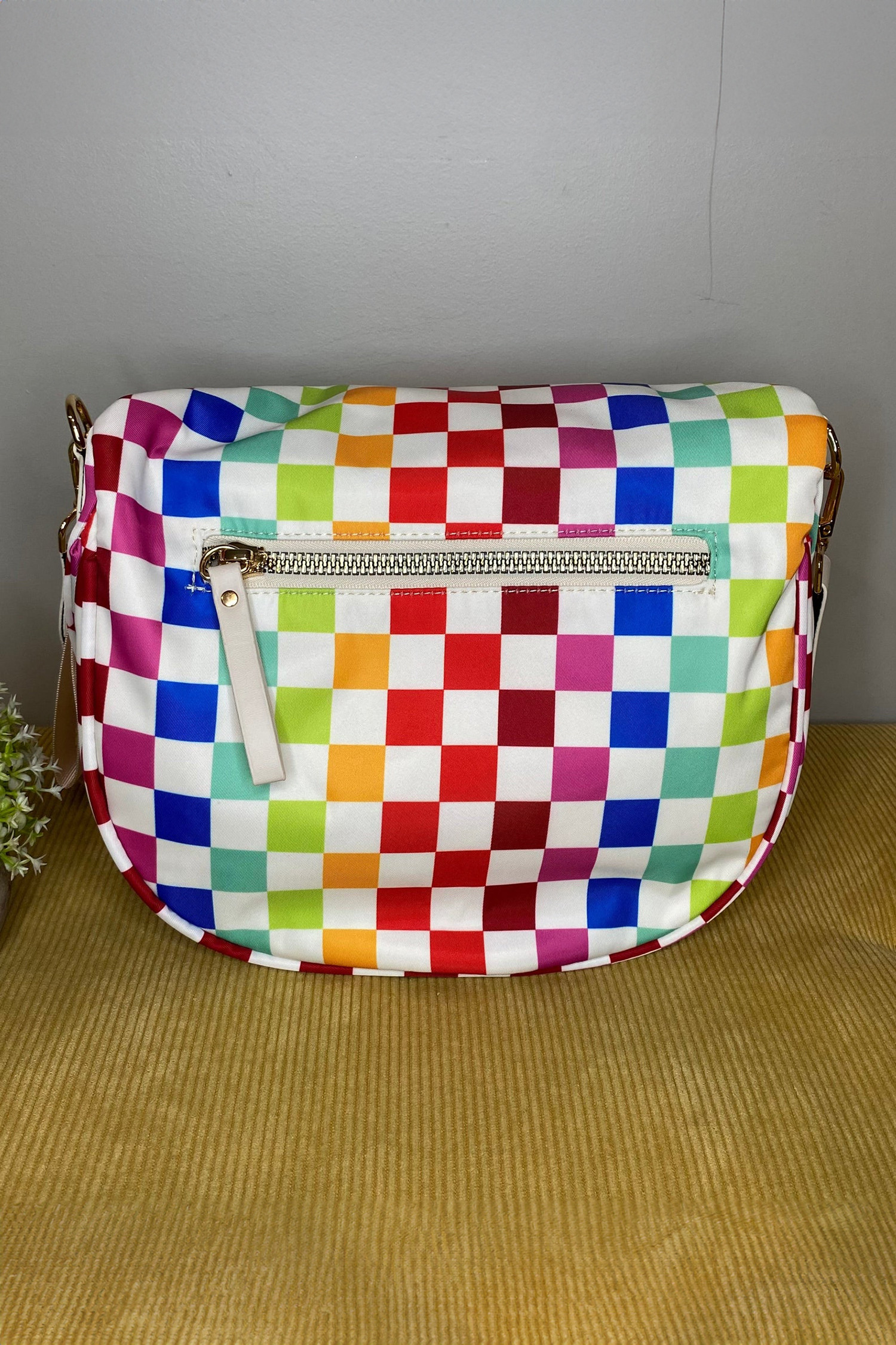 白色漂亮棋盘格帆布双拉链斜挎包 BH031491