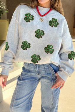 浅灰色亮片豹纹三叶草外露接缝小高领套头衫