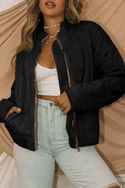 黑色拉链口袋绗缝夹克