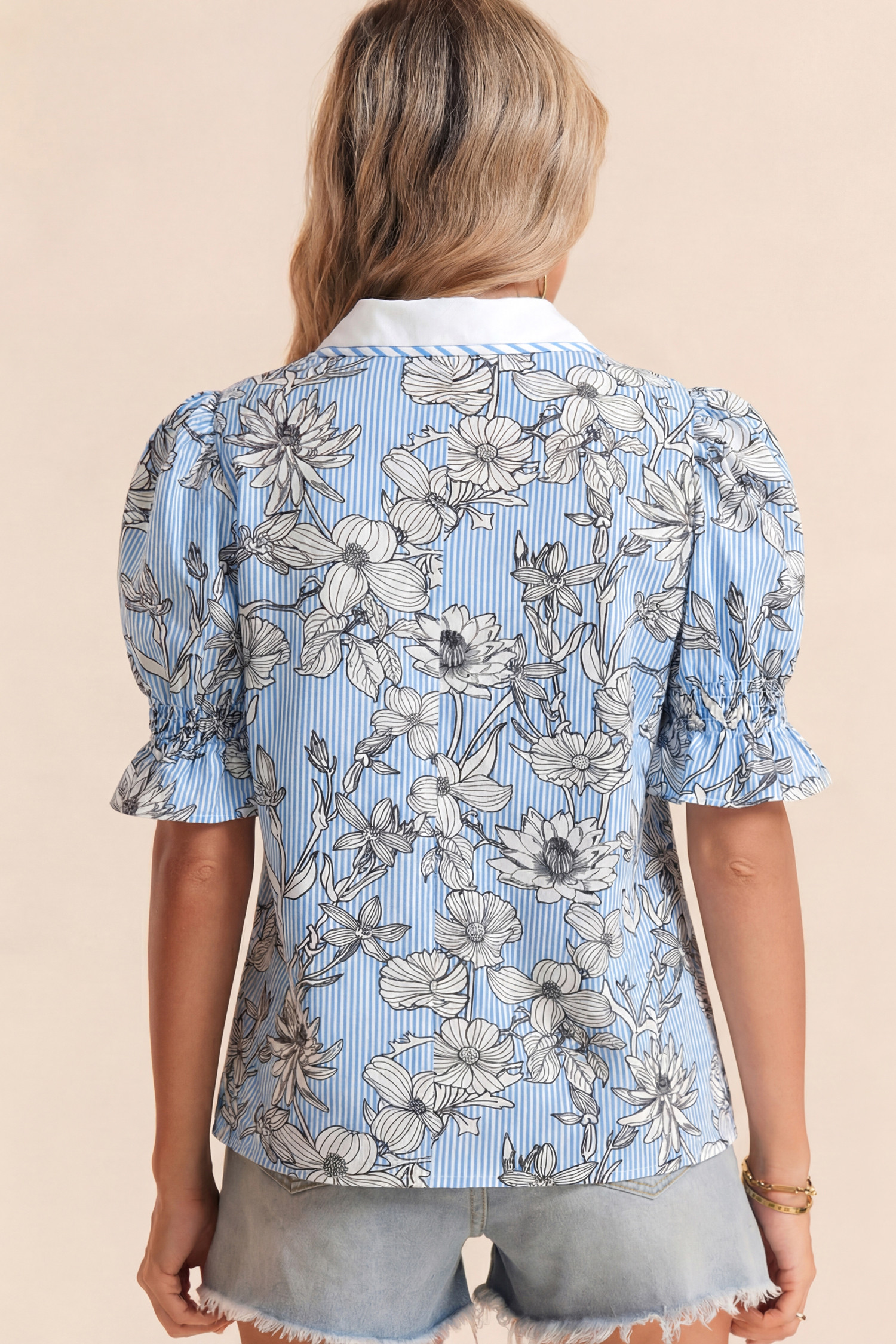 天蓝色碎花条纹印花Polo领短袖衬衫 LC25135878