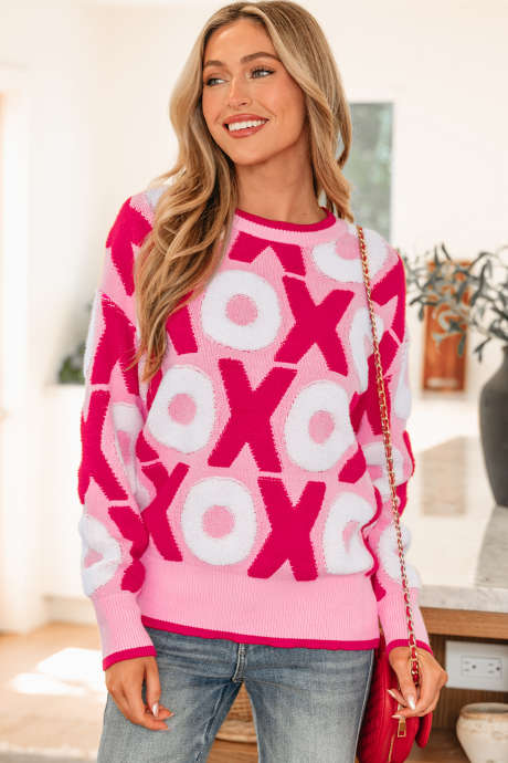 粉色 XOXO 图案落肩圆领情人节毛衣 LC2726816-P1022