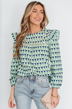 绿色花卉印花蕾丝细节荷叶边长袖衬衫