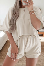 喷射流纯色对比纹理拼布毛边 2 件套短套装