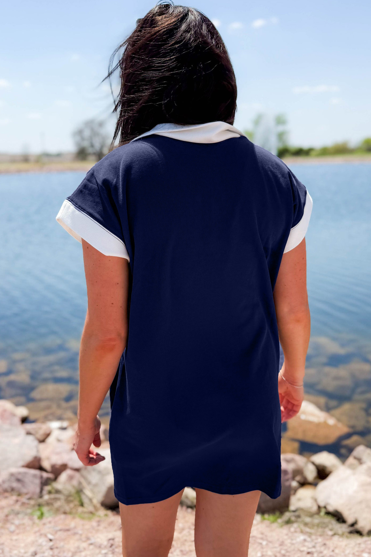 海军蓝美式拼色条纹拉链领 T 恤迷你连衣裙 LC6127896