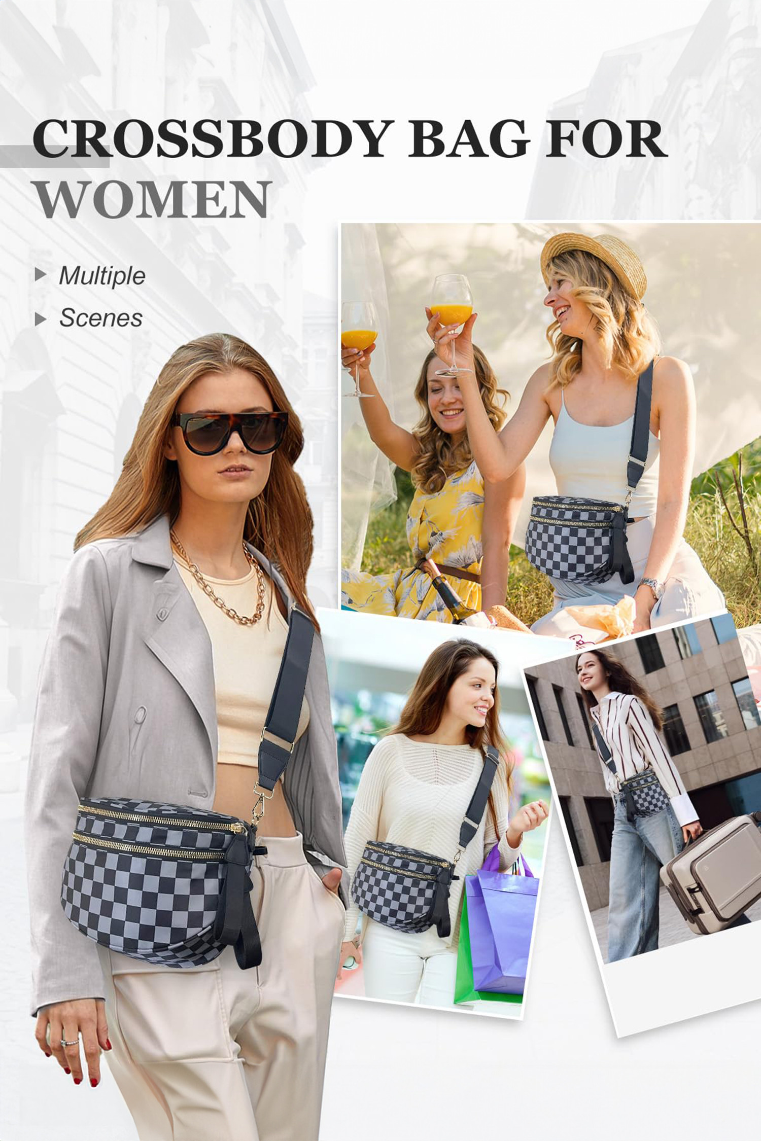 深灰色格纹印花宽肩带大号斜挎包 BH031406