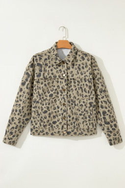 卡其色复古豹纹接缝细节系扣牛仔夹克