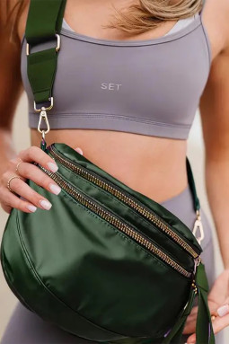 行李袋绿色双拉链新月形可调节单肩包