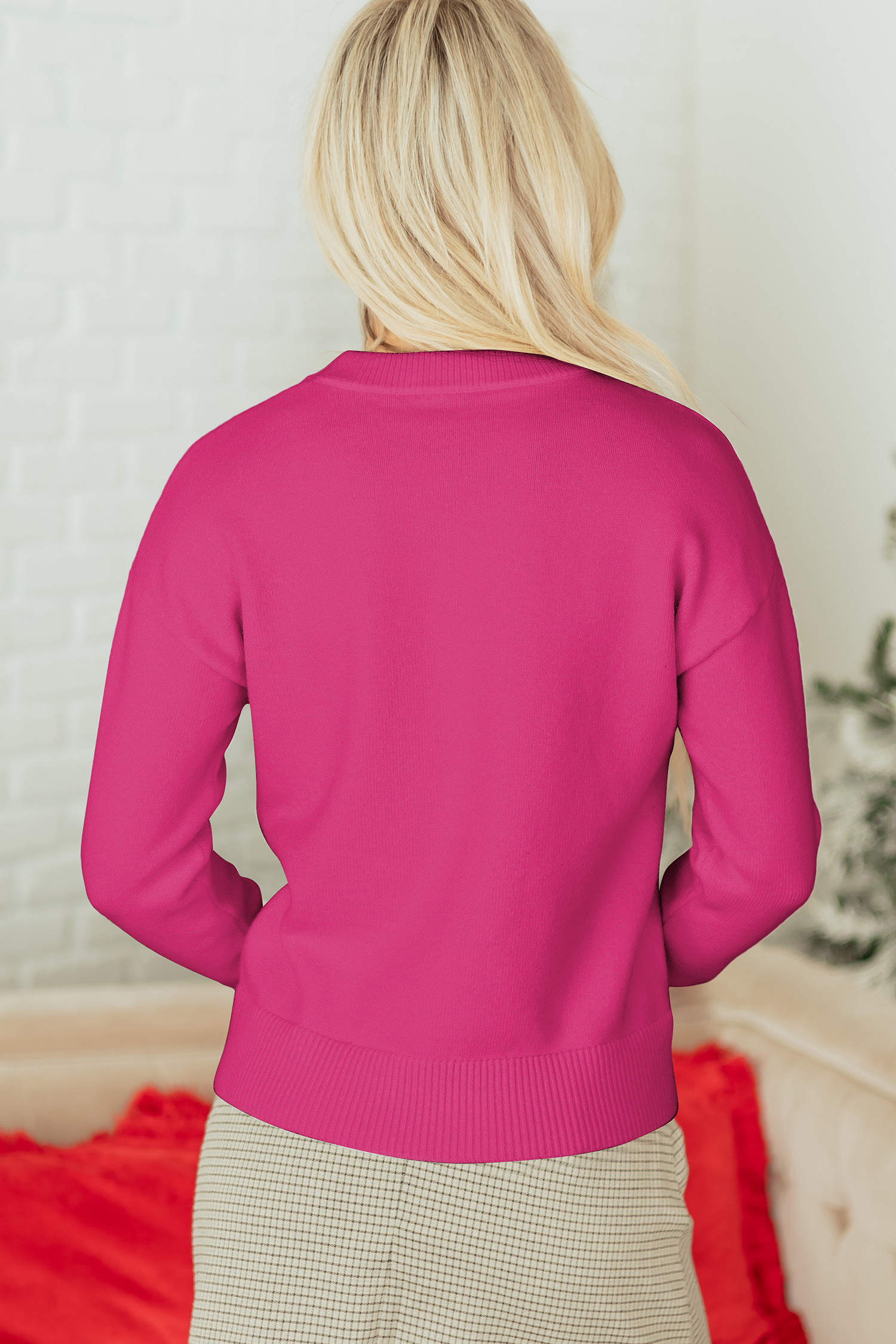 玫瑰红色亮片蝴蝶结图案圣诞假期毛衣 LC2727375