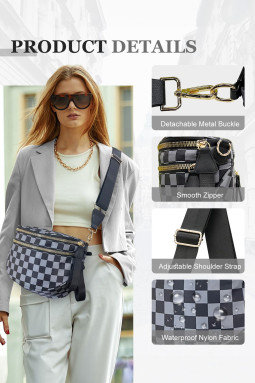 深灰色格纹印花宽肩带大号斜挎包