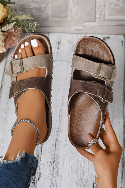 咖啡色两色复古搭扣带镂空仿麂皮拖鞋