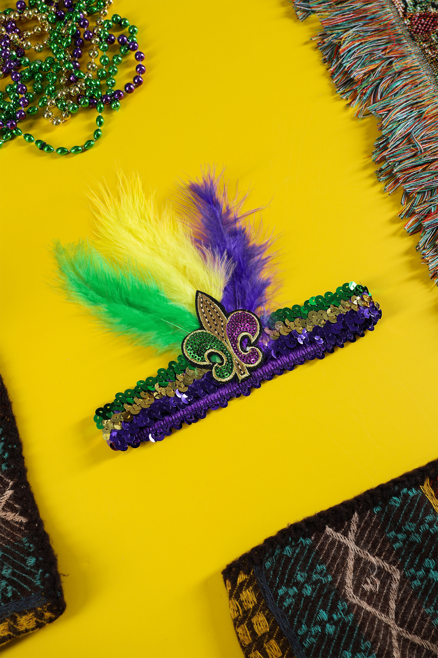 金色狂欢节三色羽毛亮片弹性头带 BH043687