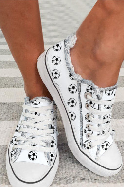 白色足球印花磨边帆布系带鞋