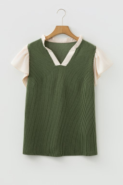 葡萄园绿加大码撞色褶边领口荷叶边短袖罗纹纹理衬衫